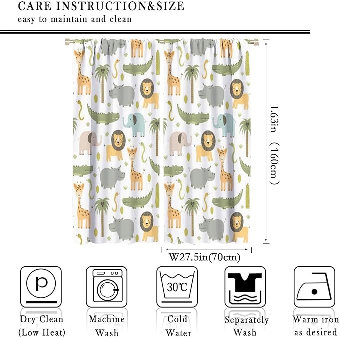 Nursery Safari Animals Curtains, Baby Boy Girl Kids Woodland Jungle Forest Lion Elephant Printed Curtains for Living Room Bedroom Window Drapes 2 Panel Sets55x63 Inch