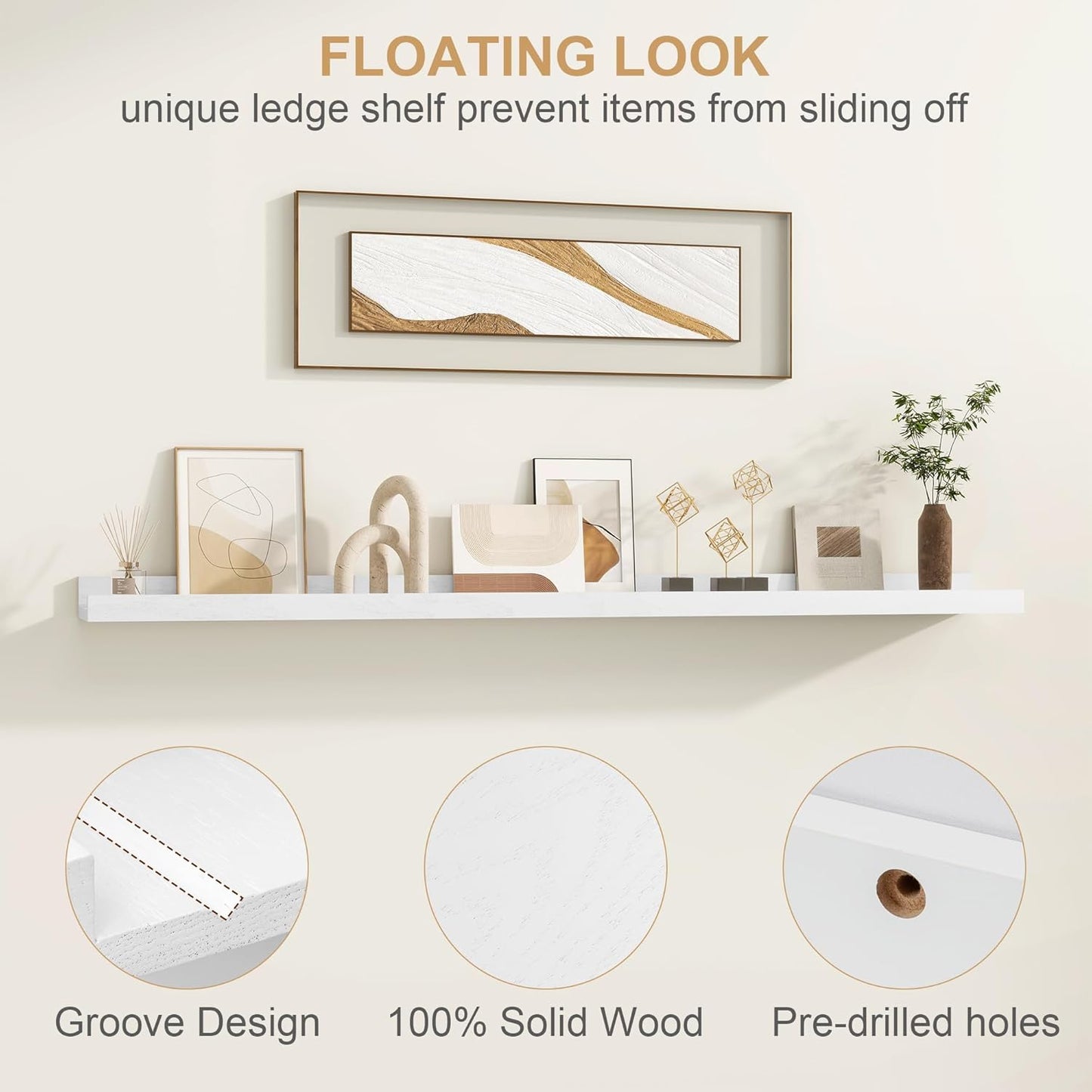 Floating Picture Ledge Shelves 72 Inch Solid Oak Wood Set of 2, Rustic Wall Storage Shelves with Lip, Kids Bookshelf, Photo & Picture Ledge Shelves for Bedroom, Living Room, Kitchen