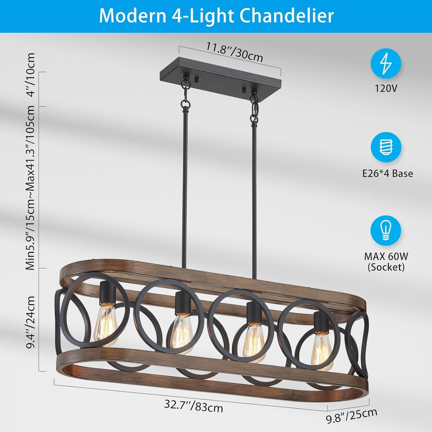 XINGQI Rectangular Linear Kitchen Island Chandeliers Over Table 32.7" Black Pendant Lighting Fixtures Farmhouse 4-Light for Dining Room Bar Office Coffee Shop, Black Wood Grain