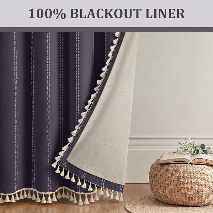 Gray Purple Boho Blackout Curtains 2 Panels 84 Inch for Living Room Bedroom, Linen Texture Farmhouse Curtains with Tassels and Purple Cotton Embroidery Vintage Rustic Country