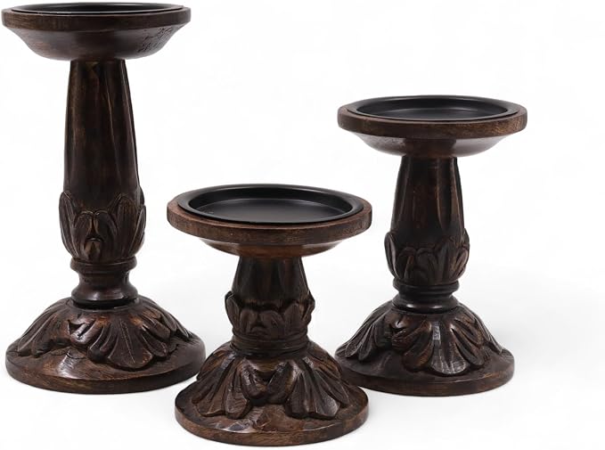 Hosley Set of 3 Wood Pillar Candle Holders 8", 6", 4.25" High Dark Brown Wooden Candlestick Set for Table Centerpiece Ideal for LED & Wax Candles, Rustic Home Decor, Wedding, Party, Spa, Reiki