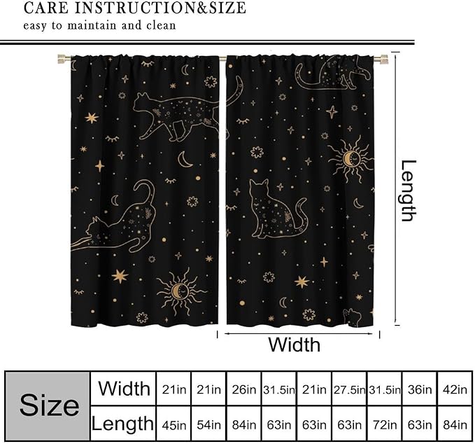 Sun Moon Cat Blackout Curtains, Golden Starry Cats Mystery Stars Sun Moon Magic Sky Window Treatment Drapes for Bedroom Living Room 42" W X 54" L