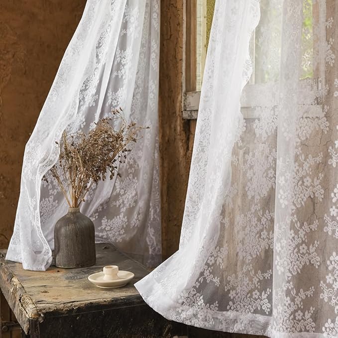 YJ YANJUN Vintage Lace Curtains 108 Inches Long-Victorian Floral White Sheer Curtain Panels for Patio Sliding Door Living Room Embroidered Scalloped Floor to Ceiling Drapes 9ft 104 Wide 2 Panels