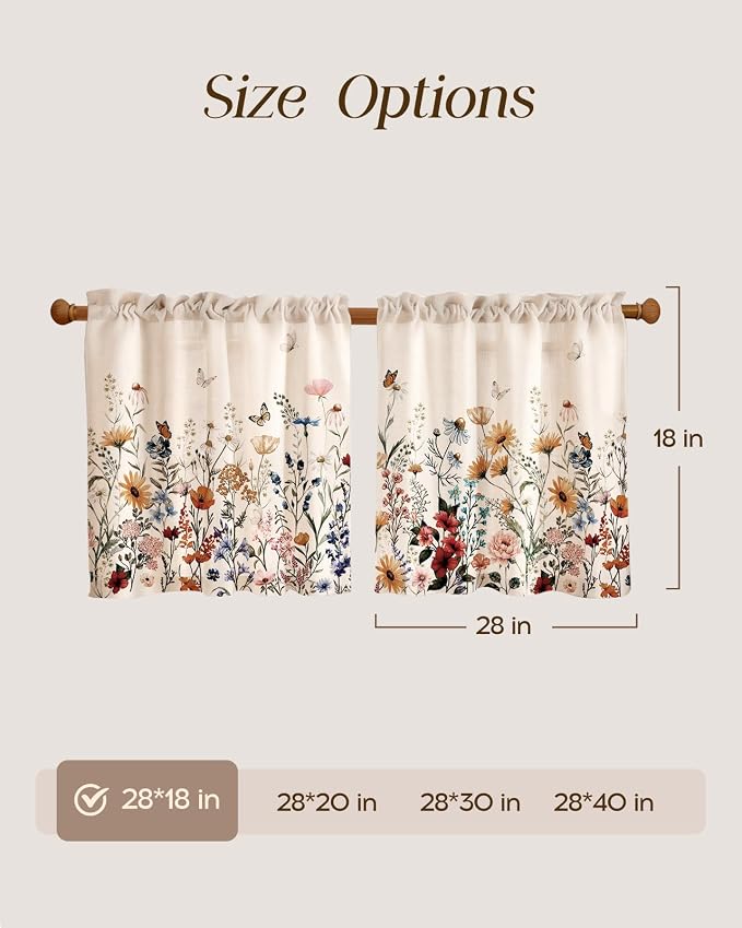 Miss Adola Floral Kitchen Tier Curtains - 18 Inch Length Linen Blend Farmhouse Cafe Curtains Vintage Small Window Treatments Over Sink Rod Pocket for Bathroom Living Room Light Filtering, 2 Panels