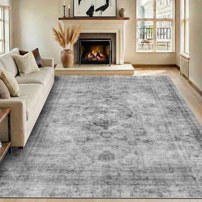 Homemate Washable Rug 10x14 Area Rugs - Vintage Faux Wool Rugs for Living Room Bedroom Dining Room - Non Slip Foldable Carpet Indoor Area Rug for Home Decor（10'x14', Black