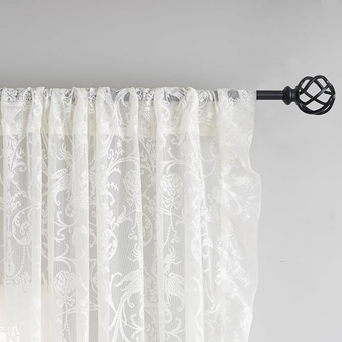 TUDECO Short Lace Curtains 63 Inch Length - Cottagecore Embroidered Sheer Ruffle Floral Drapes for Bedroom Nersury Vintage Rod Pocket Cream Lace Curtains 2 Panels, 59 x 63 Inch, Ivory