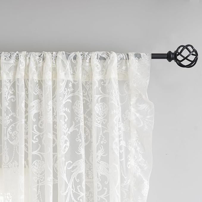 TUDECO Ruffle Curtains 2 Panels - Vintage Tulle Floral Lace Cream Sheer Curtains 84 Inches Long, Shabby Chic Decor, Rod Pocket Privacy Ruffled Drapes for Living Room, 59 x 84 Inch, Ivory