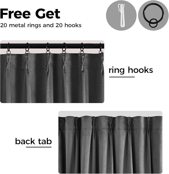 Pinch Pleated Blackout Curtains for Bedroom, Grey Velvet Curtains for Living Room, Black Out Curtain 90 inch Long Room Darkening, Blackout Pinch Pleatd Drapes with Hooks 2 Panels