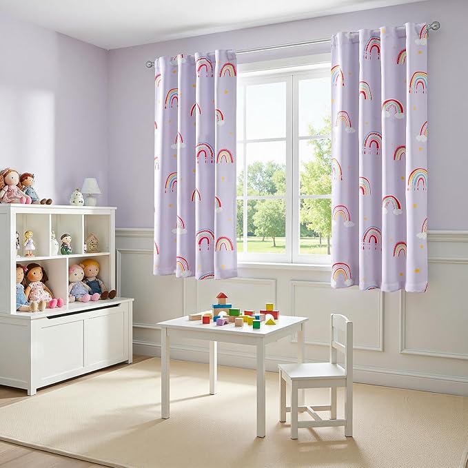 Vangao Blackout Curtains for Kids Bedroom Rainbow Purple Nursery Curtains 63 Inch Length Short Drapes for Teen Girls Thermal Insulated Room Darkening Light Blocking for Living Room Set of 2