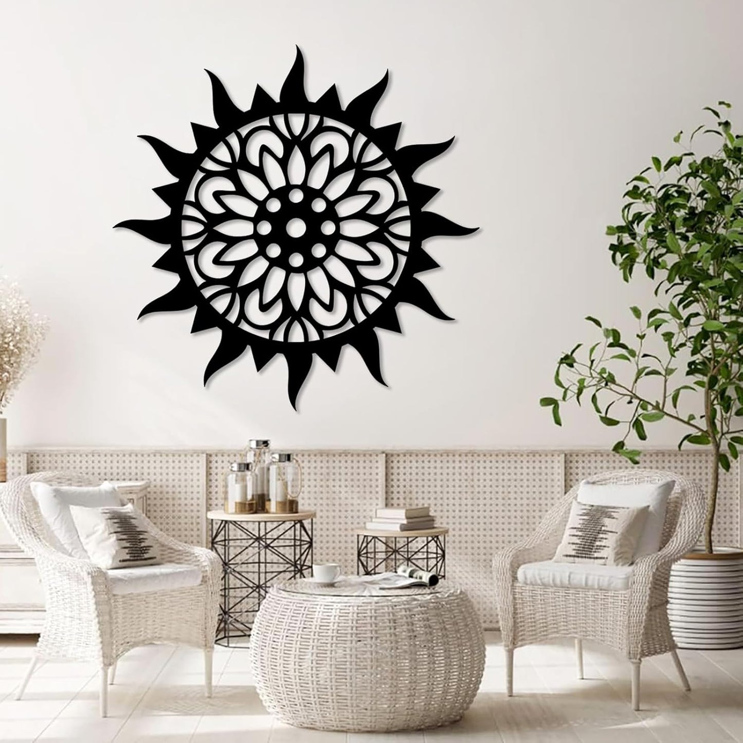 Sunburst Metal Wall Decor, Unique Sun Flower Design, Outdoor & Indoor Wall Art for Living Room, Bedroom, or Patio, Home Decor (White, 24"x24"|60x60cm)