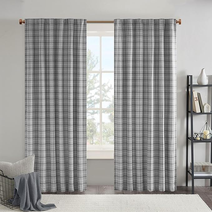 Madison Park Anaheim Cabin Plaid Curtain Window, Thermal Insulated Fleece Lining, Living Room Decor Room Darkening Drape for Bedroom, 1-Single Panel Pack, 50x108, Rod Pocket & Back Tab, Grey