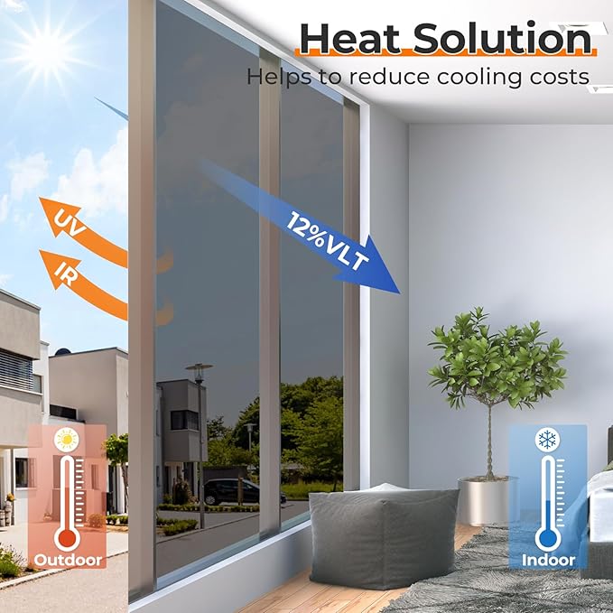 DOWELL Window Privacy Film, One Way Window Tint for Home, Static Cling Anti UV Sun Blocking Reflective Mirror Film, Heat Control See Out Not in Glass Tinting, Black Silver, 23.6" x 157.5"