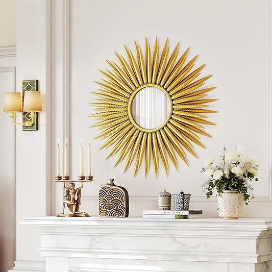 PERHOM Modern Gold Mirror 30"x30", Sunburst Mirror for Wall Decor,Boho Wall Art for Living Room, Entryway, Bedroom, Fireplace, Anti-Rust, Wear-Resistant, Metal Framed