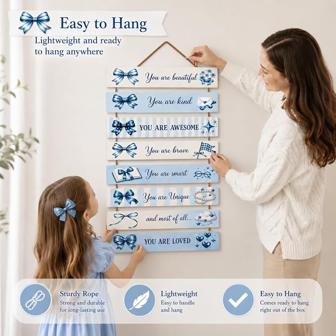 Cute Blue Bow Room Decor Set of 8 with Led Light for Teen Girls Kids Toddler, Preppy Inspirational Bow Wood Nursery Wall Decor for Dorm Bedroom, Dreamy Cozy Chic Motivational Princess Room Decor