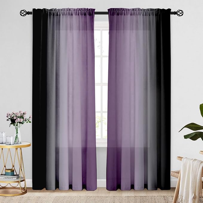 Purple and Black Curtains for Living Room 84 Inch Length Ombre Curtains 2 Panel Bedroom Black and Purple Curtains Rod Pocket Light Filtering Window Curtain Modern Gradient Drapes