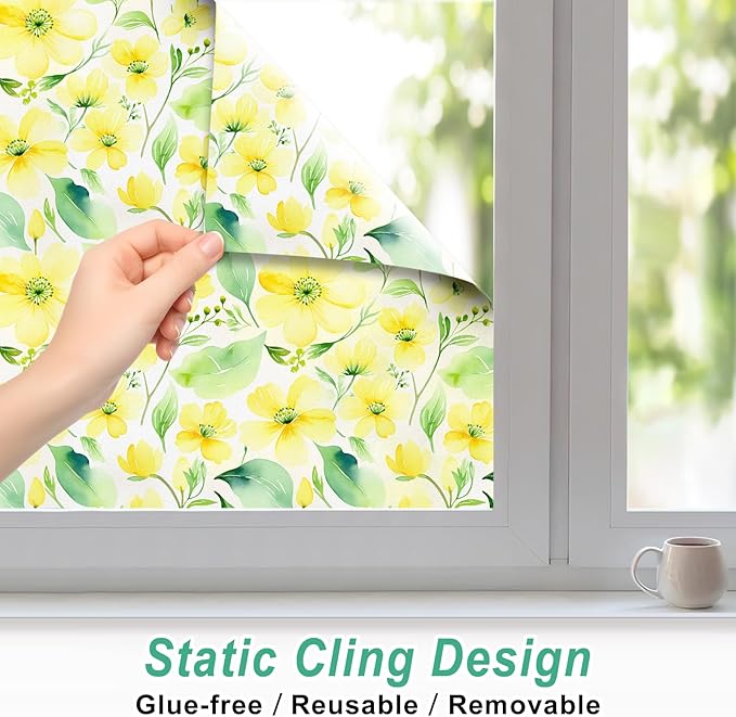 SOMWISE Frosted Glass Window Privacy Film with Tools, Heat Blocking, Anti-UV, Anti-Glare, Static Cling, Decor for Home Bathroom Door, Renter Friendly, Removable, Reusable, Yellow 17.5Inchx157Inch