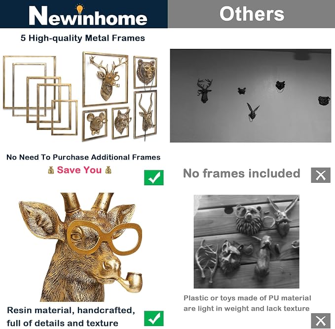 Newinhome Animal Heads Wall Decor (5pcs, Includes Metal Frame) Resin Animals Sculptures Head Wall Hanging Decoration Gold vintage Wall Sculpture for Living Room Bedroom Office