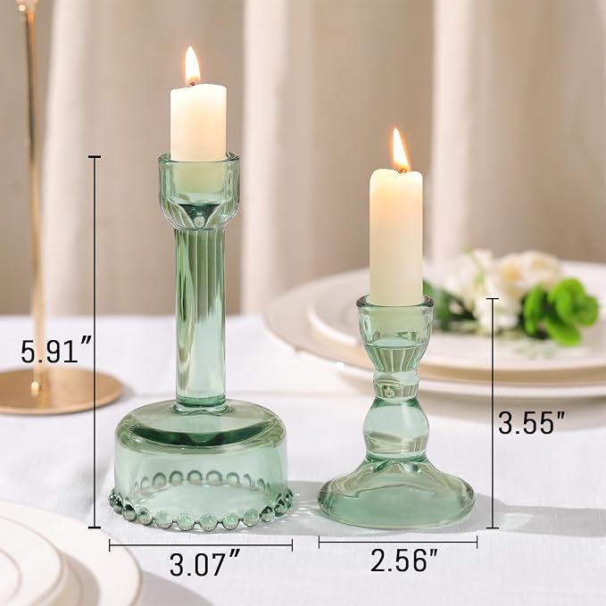 Lanttu 6 Pcs Green Glass Candlestick Holders Taper Candle Holder Bulk | Crystal Candle Holders for Wedding, Table Centerpiece, Home Decoration