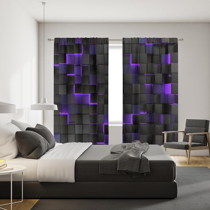 MESHELLY Abstract Black Purple Curtains 42Wx63H Inch Rod Pocket Modern 3D Gradient Design Futuristic Geometric Cubes Bedroom Window Drapes Man Boys Printed Minimalist Living Room Window Fabric 2 Panel