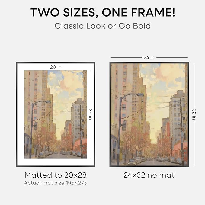 Homeforia 24x32 Poster Frame Black, High End Metal 24 x 32 Large Picture Frames with Mat 20 x 28 for Photo, 24x32 Thin Frame Matted to 20x28 inch Print, 32x24 Frame, Tempered Glass, Wall Kit, Set of 2