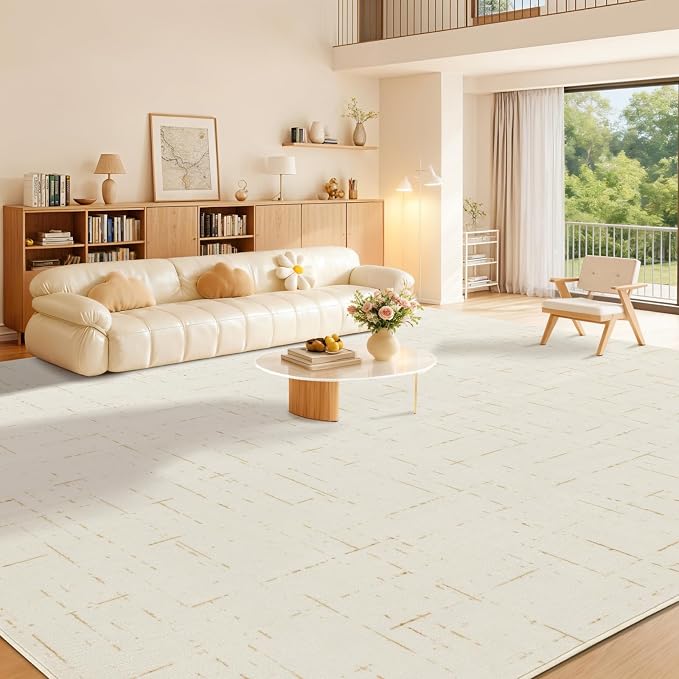 LIANLAM Washable Rug Area Rugs for Living Room - Stain Resistant Non-Slip Backing Boho Rug for Bedroom,Durable & Ultra-Thin Vintage Large Area Rug(9' x 12',White)