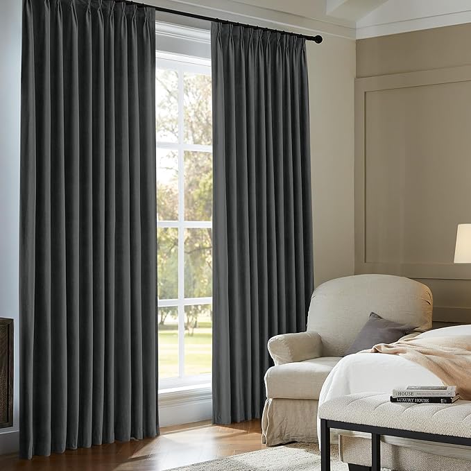 Pinch Pleated Blackout Curtains for Bedroom, Grey Velvet Curtains for Living Room, Black Out Curtain 90 inch Long Room Darkening, Blackout Pinch Pleatd Drapes with Hooks 2 Panels