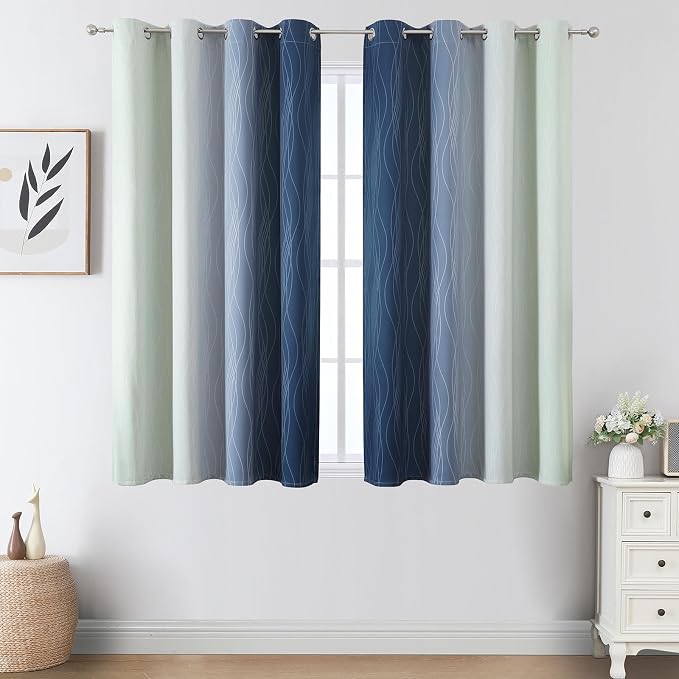 Estelar Textiler Navy Blue and Sage Green Blackout Curtains 54 Inch Length, Full Light Blocking Gradient Grommet Drapes for Window, Thermal Insulated Ombre Curtains for Bedroom, 52Wx54L, 2 Panels