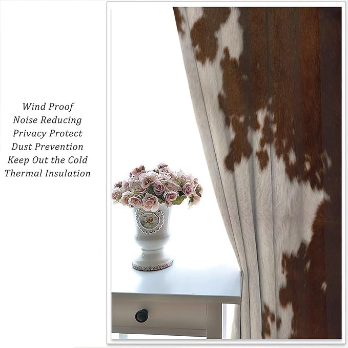 Cowhide Blackout Curtain, Rustic Farm Brown White Cowhide Animal Fur Western Curtains Rod Pocket Window Treatments 2 Panels Drapes for Kitchen Living Room Bedroom Cafe Decor 84" W X 84" L