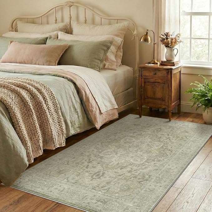 Homemate Washable Rug 3x5 Area Rugs - Vintage Faux Wool Rugs for Living Room Bedroom Dining Room - Non Slip Foldable Carpet Indoor Area Rug for Home Decor（3'x5', Green