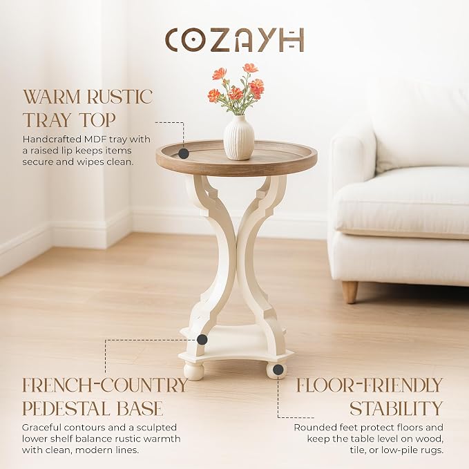 COZAYH Farmhouse Cottagecore End Table, Rustic Wood Tray Top Round Accent Table with White Curved Legs for Family Room, Living Room, or Small Spaces