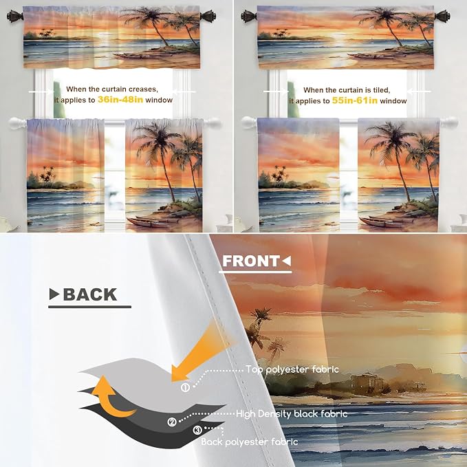 Shrahala Sunset Beach Blackout Curtain Tiers, Tropical Seaside Scene Kitchen Valance Light Blocking Tier Drapes with Rod Pocket, 2 Pack 26 X 36 in