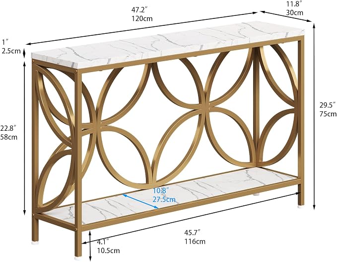 GiftGo Narrow Sofa Table 47.2 Inch, Industrial Sofa Table Behind Couch, Vintage Entry Console Table with Storage for Entryway, Living Room, Foyer, Elegant Design (White and Gold, 47.2)