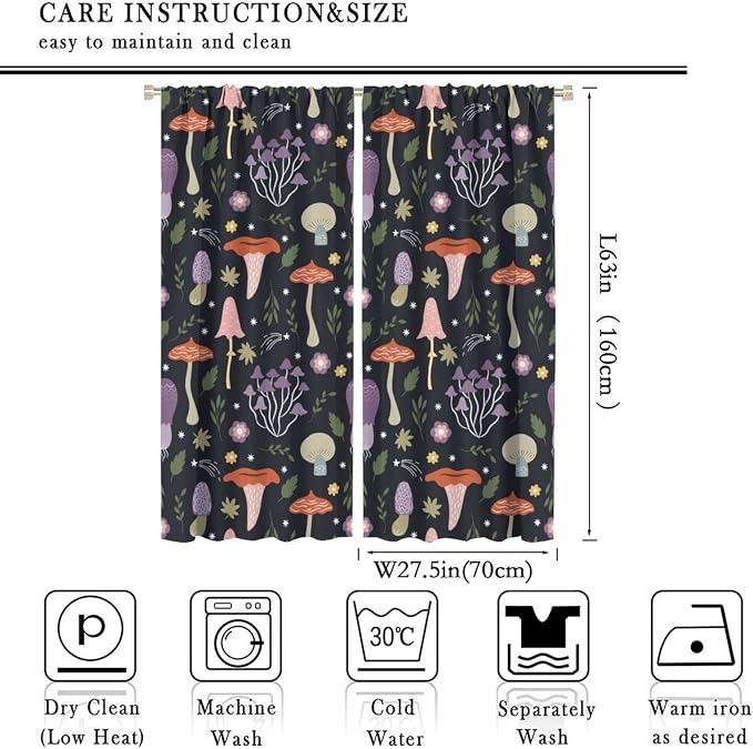 Mushroom Curtains,Colorful Plant Forest Botanical Print Window Treatments for Bedroom Living Room Kitchen Cartoon Herbs Floral Window Drapes 2 Panels Set,Total Size 55 x 63 Inch