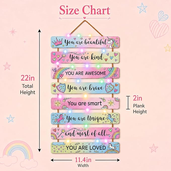 Cute Unicorn Room Decor Set of 8 with Led Light for Teen Girls Kids Toddler, Preppy Inspirational Rainbow Wood Nursery Wall Decor for Dorm Bedroom, Dreamy Cozy Chic Motivational Princess Room Decor