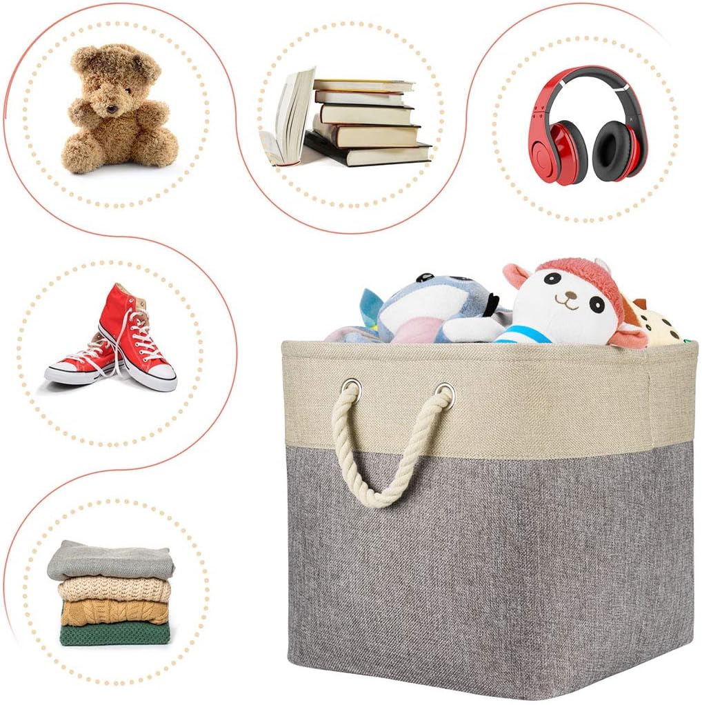 i BKGOO 3Pack Large Foldable Storage Bins，Collapsible Sturdy Cationic Fabric Organizing Storage Basket Cube with Cotton Handles for Home Office Shelf Clothes Toys Khaki-Grey 13×13×13 inch
