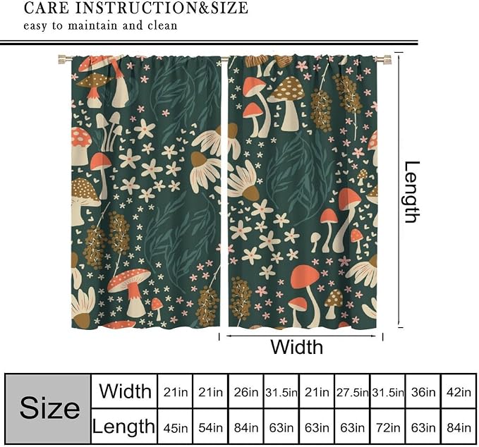 Woodland Mushroom Curtains, Rustic Fairytale Forest Natural Mushroom Flowers Plants Blackout Window Drapes for Farmhouse Kitchen Bedroom Livingroom, 72" W X 63" L