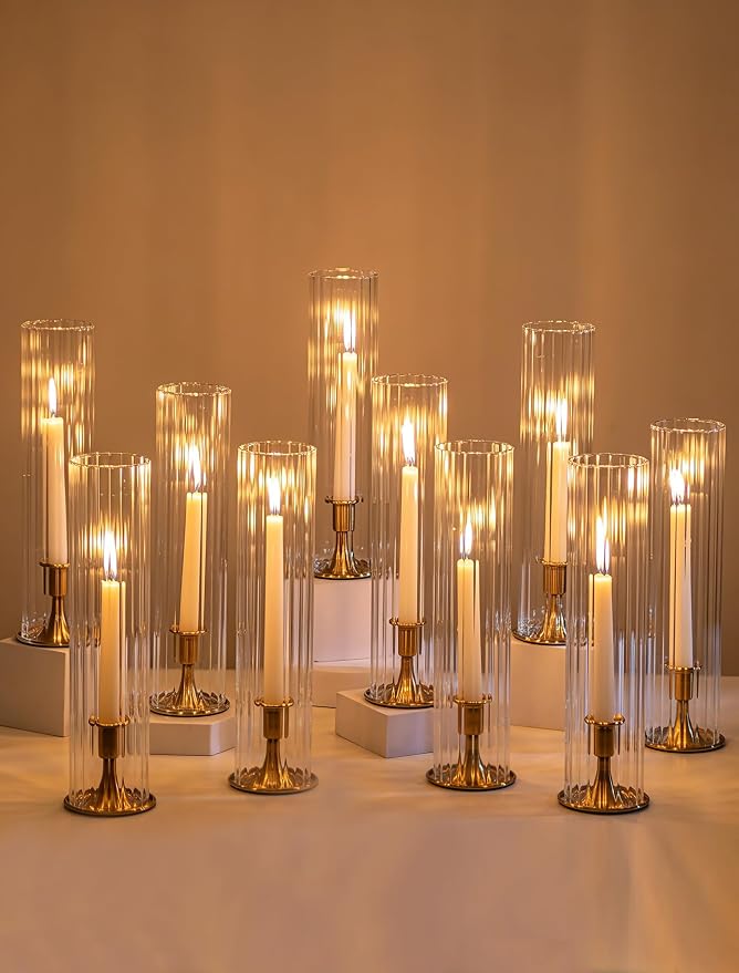 Romadedi Hurricane Glass Candle Holder: Set of 10 Gold Taper Candle Sticks Holder with Ribbed Cylinder Cover & Weighted Base for Table Centerpiece Wedding Christmas Party Outdoor