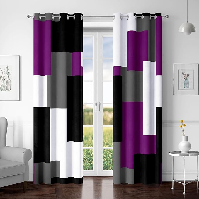 Tyrot Purple 100% Blackout Curtains for Bedroom 72 inch Length 2 Panels Set Grey Modern Abstract Geometric Black Out Curtains Insulated Room Darkening Window Drapes for Living Room, 52Wx72L