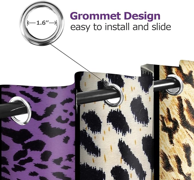 Wild Animal Print Curtain, Room Darkening Thermal Insulated Blackout Leopard Boa Window Drapes with Grommets for Living, Dining, Bedroom, Purple Leopard Print, 52"x 63", 2 Panels
