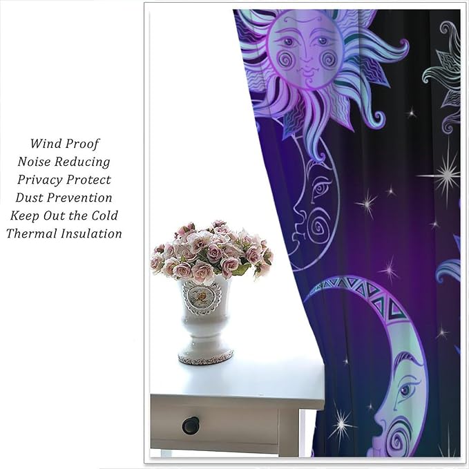 Fantasy Sun Moon Blackout Curtains, Boho Purple Black Stars Galaxy Rod Pocket Window Treatment Drapes for Bedroom Living Room 72" W X 63" L