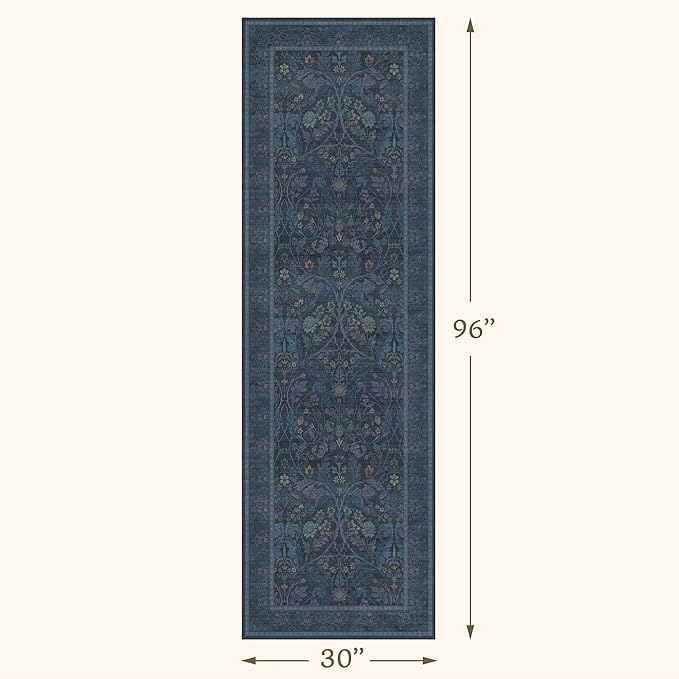 2'6"x8' 8ft Kitchen Runner Rugs Washable, Dark Blue Long Runner Rugs Non Slip for Hallway, Entryway, Victorian Forest Floral Stain Resistant Low Pile Thin Carpet