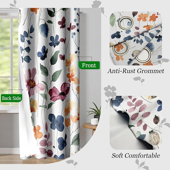 Boho Vintage Floral Blackout Curtains, Retro Watercolour Colorful Plant Leaf Flower Design Window Drapes, Living Room Bedroom Decor 2 Panels 52x63 Inch