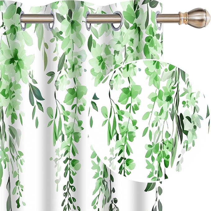 Green Watercolor Floral Curtains, 42x84 inch, 2 Panels | Botanical Leaves Vine Flowers, Rustic Farmhouse, Blackout Window Treatment, For Bedroom Living Room