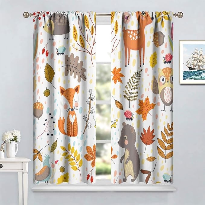 Kids Boys Girls Curtains, Jungle Animal Autumn Forest Cartoon Deer Rabbit Fox Owl Print Pattern Window Drapes for Nursery Baby Bedroom Playroom Living Room 2 Panel Sets,84x84 Inch
