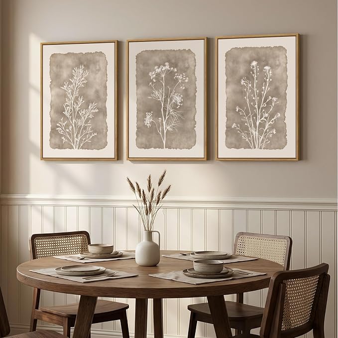 3 Piece Framed Neutral Botanical Wall Art Set, Large Farmhouse Floral Canvas Prints Paintings, Minimalist Wildflower Plant Artwork Decor for Living Room Bedroom Dining Room 16x24 Inch