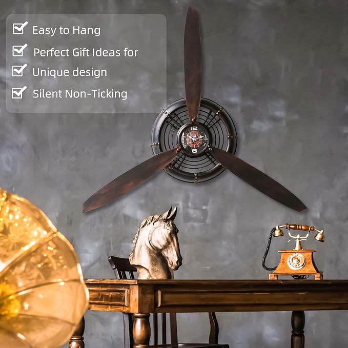 YOUKI Airplane Propeller Wall Decor,Aviation Decor,Pilot Gifts,Propeller Wall Sculptures,Wall Art for Kitchen Bedroom,Living room,kitchen,Bathroom, Battery Operated,Metal.Bronze