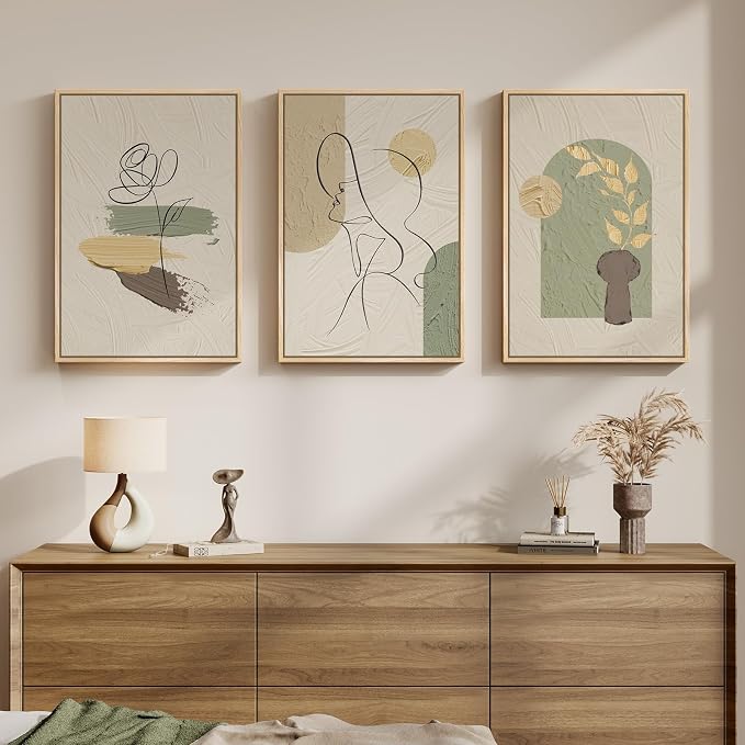 3 Piece Framed Abstract Boho Wall Art Bedroom 16x24 Inch | Large Neutral Canvas Print Painting, Modern Minimalist Line Face Botanical Picture Artwork Decor for Living Room Dining Room