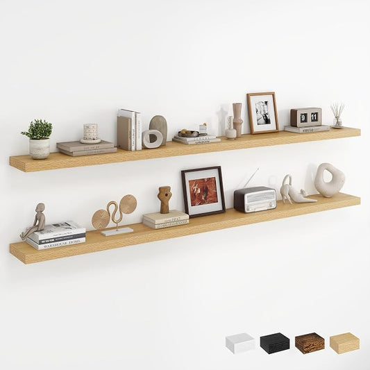Dreamland 72Inch Floating Shelves for Wall, Rustic Wooden Storage Shelf for Living Room, Kitchen, Farmhouse, Wall Mounted Display Shelving with Invisible Heavy-Duty Metal Bracket, Set of 2 - Oak