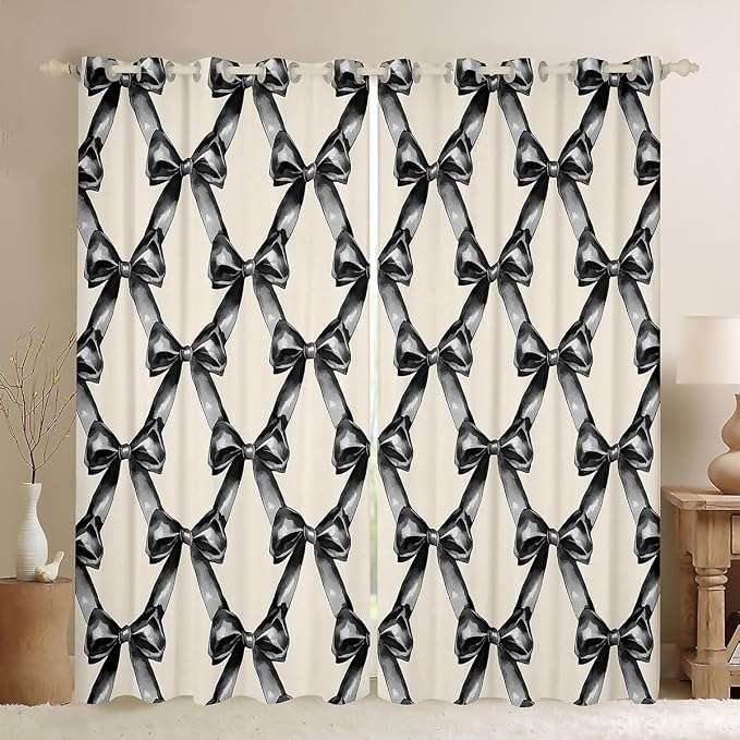 Erosebridal Black Bowknot 38" Wx54 L Window Treatments for Kids Boys Girls Bedroom Decor,Ribbon Bow Beige White Window Curtain Geometric Patchwork Bow Curtain Modern Simple Bowknot Curtains & Drapes