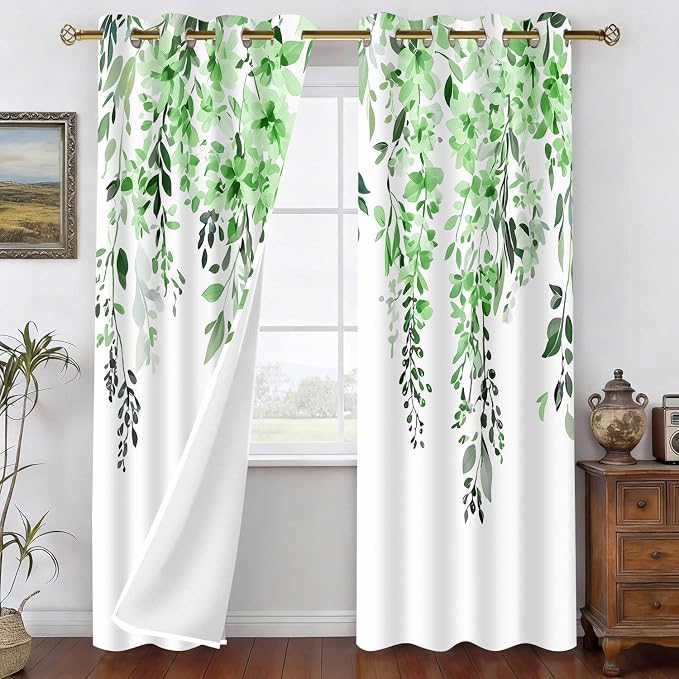 Green Watercolor Floral Curtains, Botanical Leaves Vine Flowers Curtain, Rustic Farmhouse Flower Leaf Blackout Window Treatment Drapes for Bedroom Living Room 42x90 inch, 2 Panels